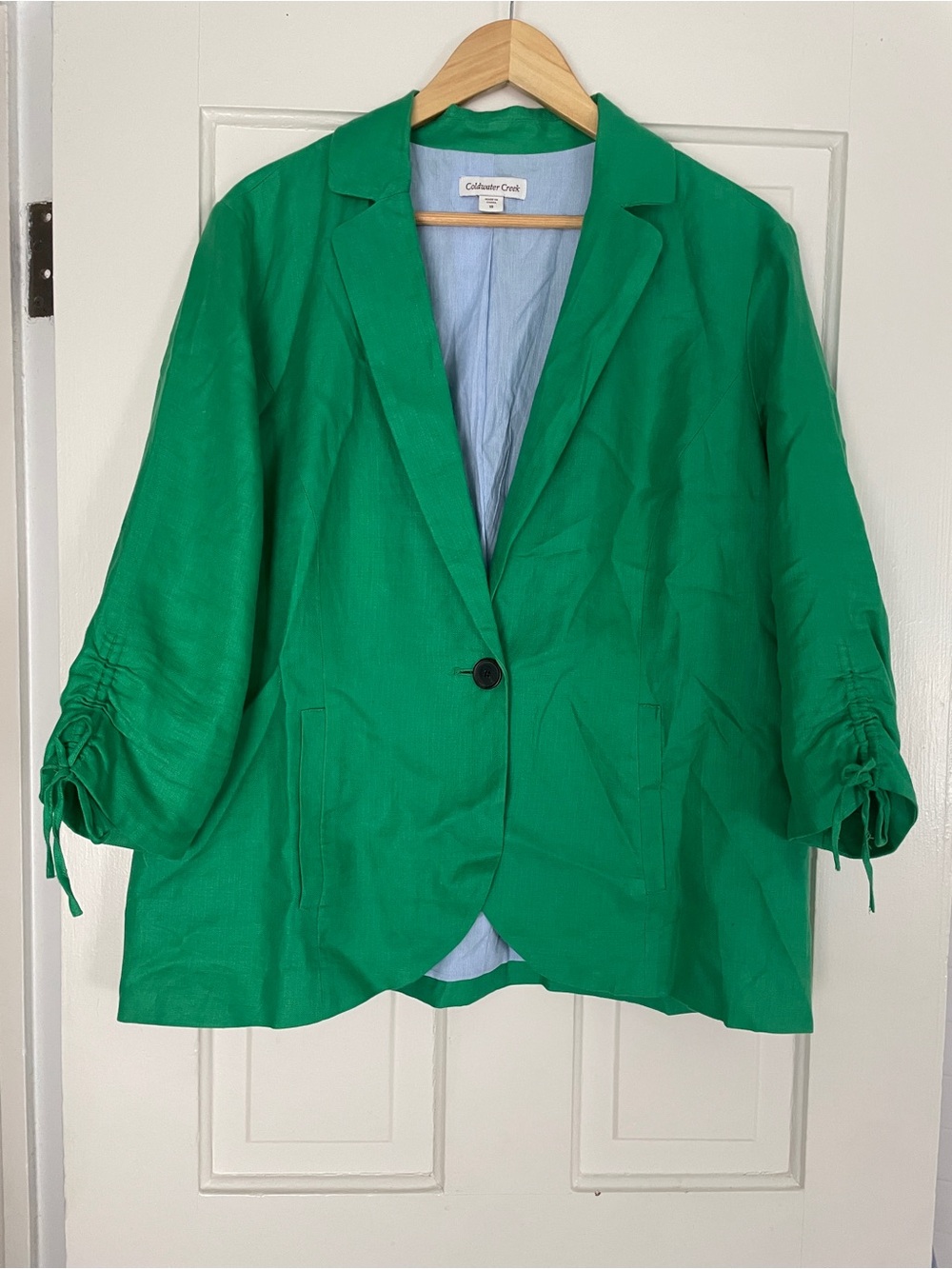 Coldwater Creek Linen Emerald Green Single-Button Blazer with Ruched Sleeves